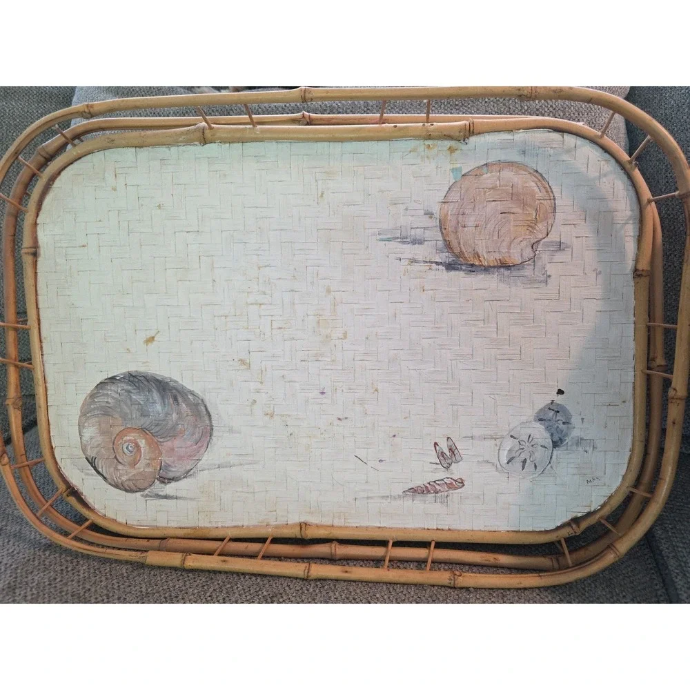 Vtg Bamboo Woven‎ Serving Trays Hand-Painted Seashell & Sand Dollar Design (3)